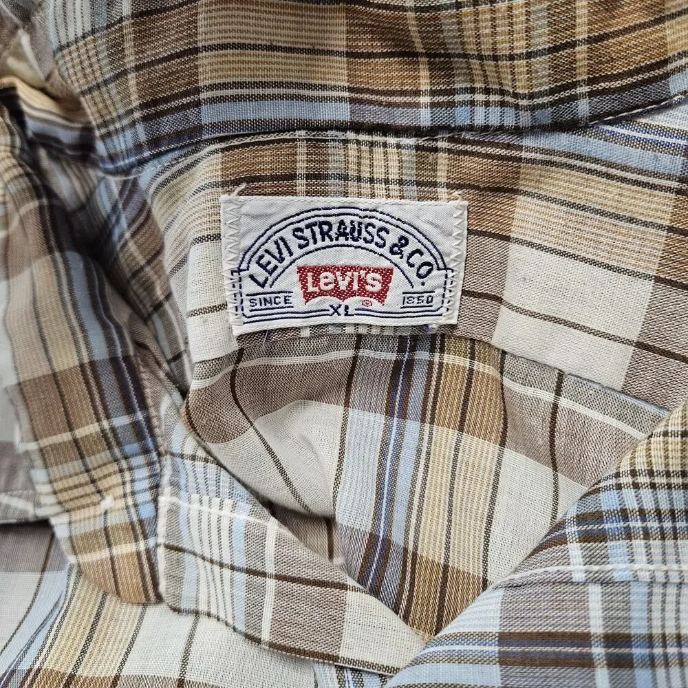 Levi Strauss & Co Vintage Tan Beige Plaid Button Up Shirt Long Sleeve Men's XL